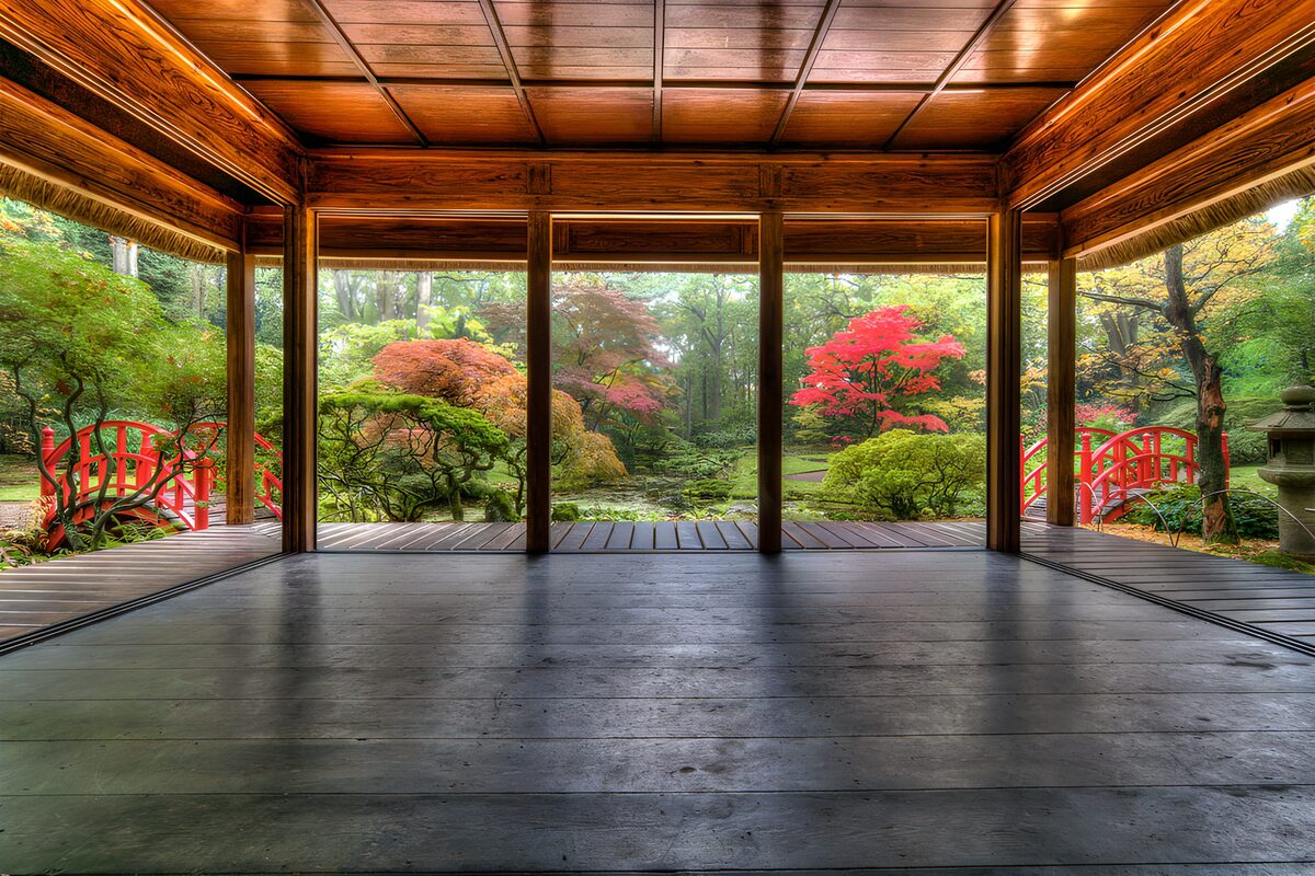 Uitzicht vanuit een serene Japanse tuin