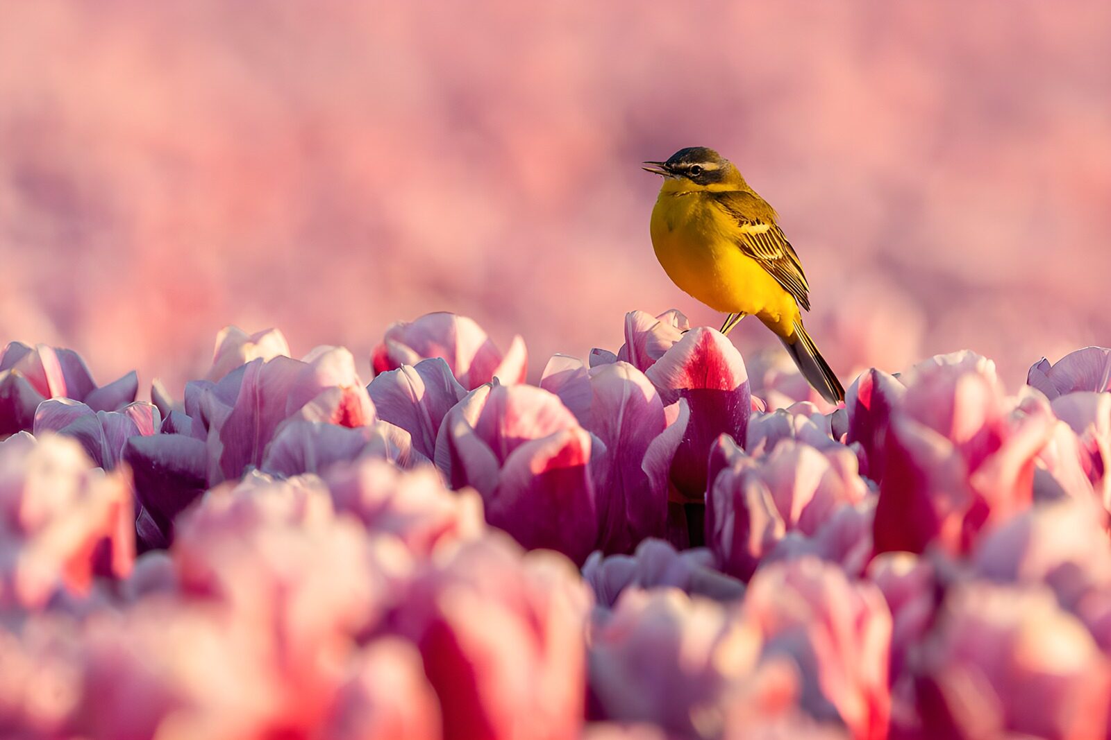 CW8769774: Gele Vogel Tussen Tulpen
