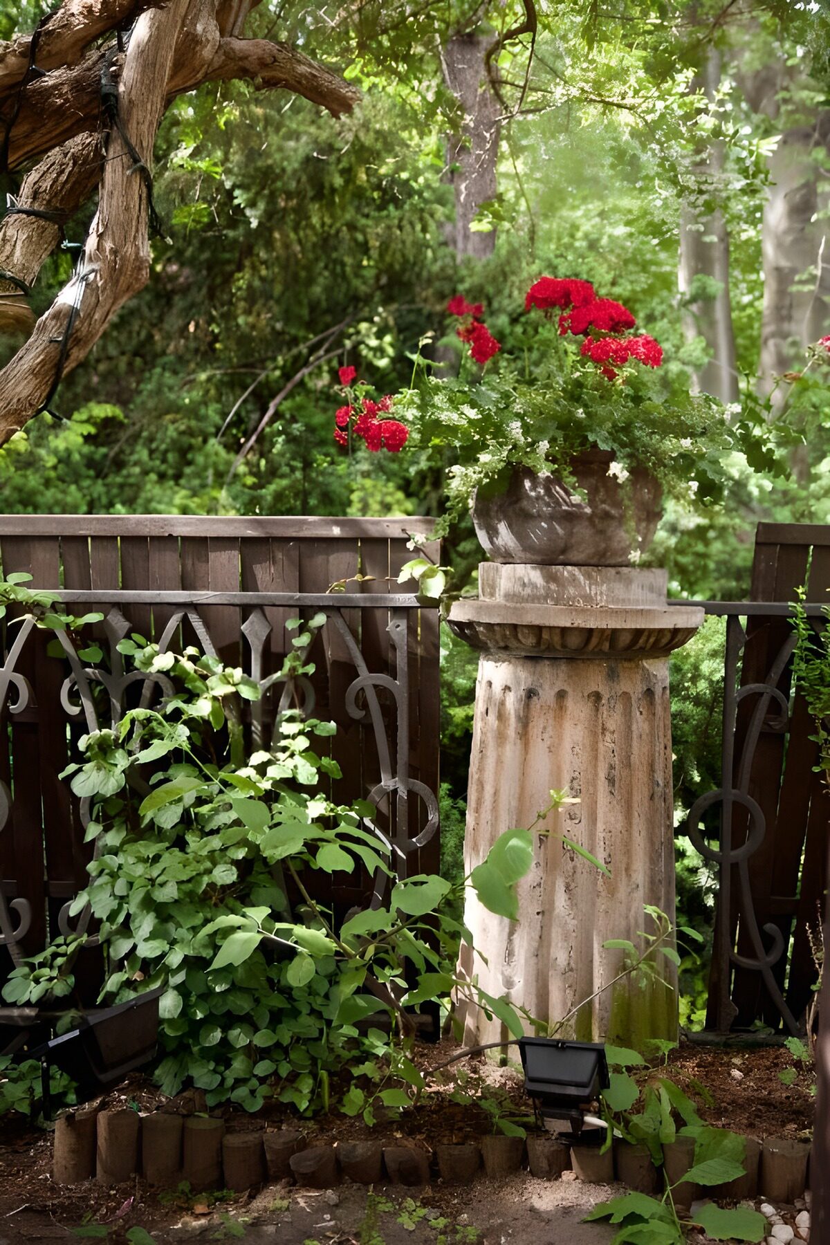 Sierpot met rozen in een tuin