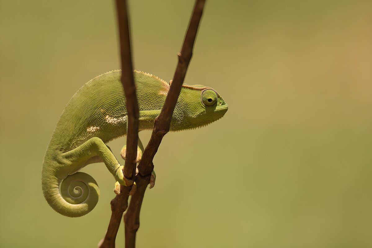 Groene chameleon op tak