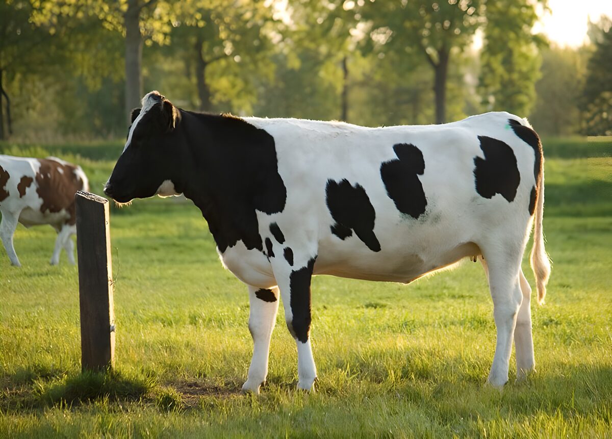 Zwarte en witte koe in de wei