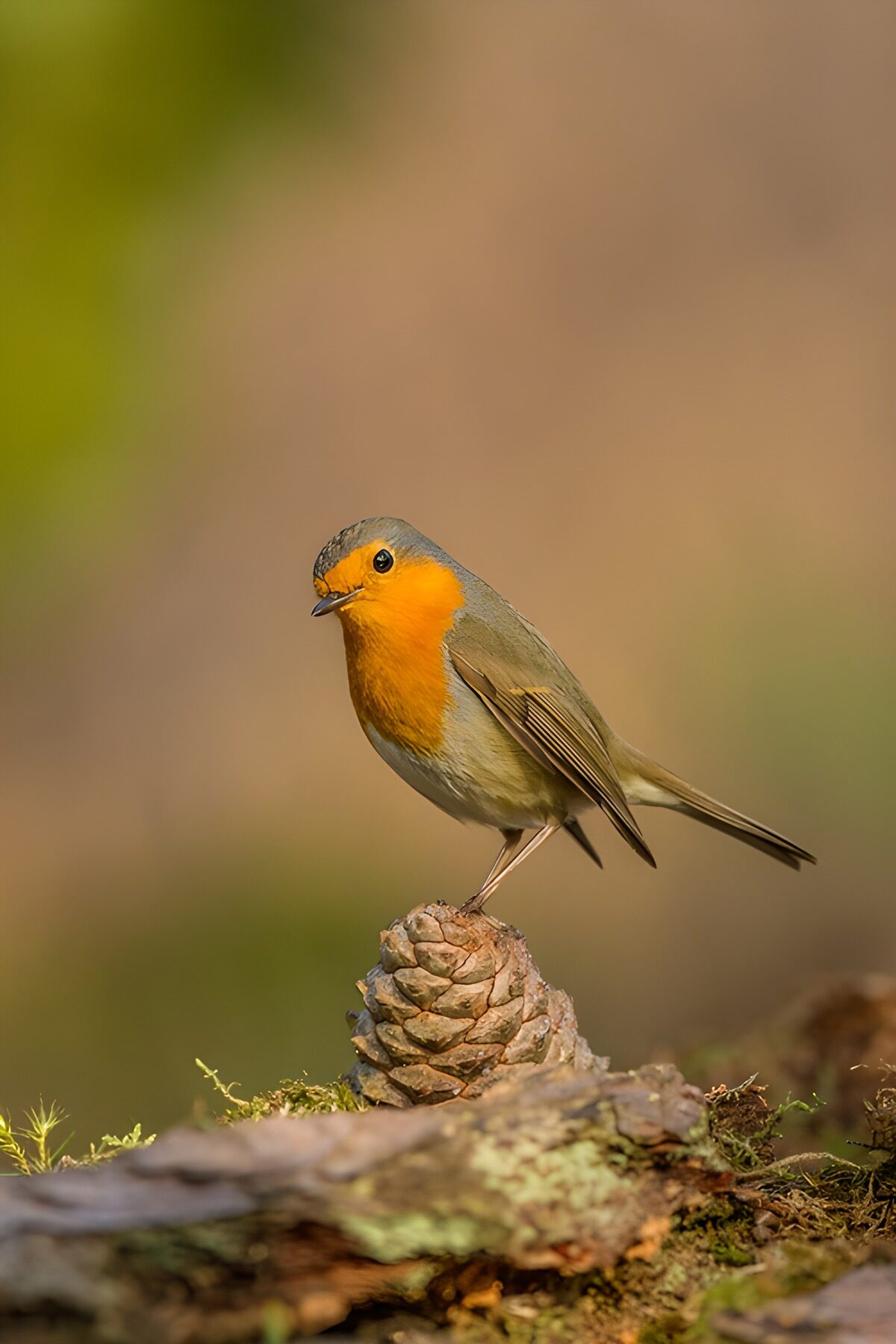 Europese Roodborst op dennenappel
