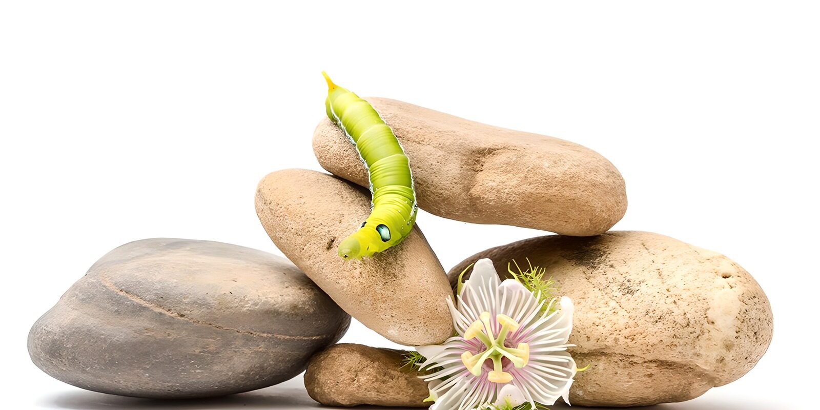CW9098530: Groene rups op stenen met bloem