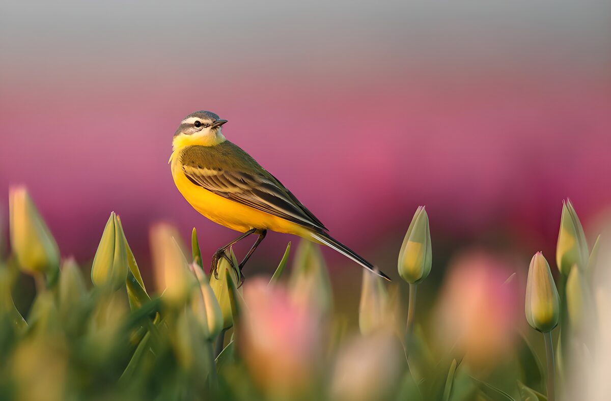 Gele Kwikstaart tussen tulpen