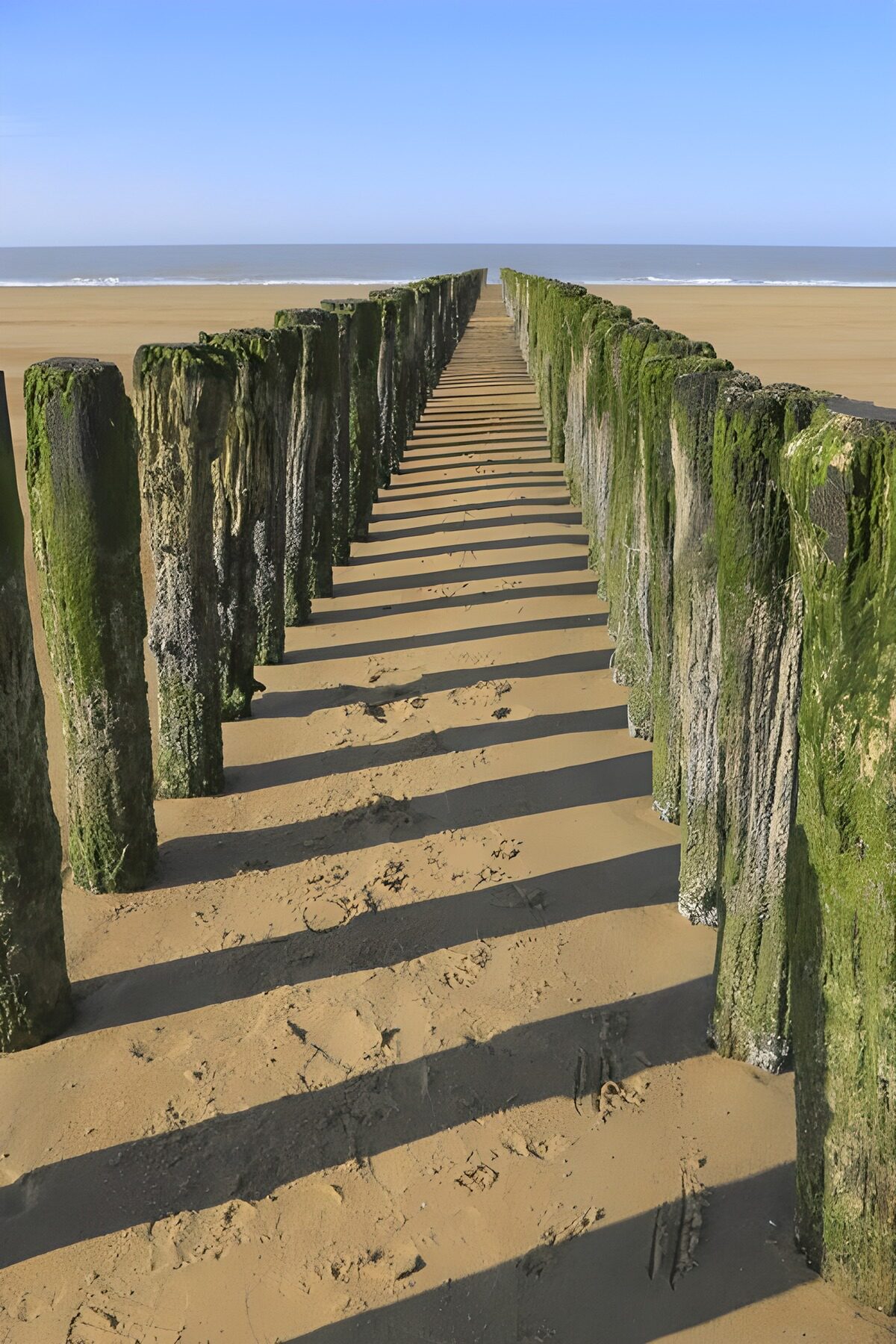 Verweerde palen bij de kust