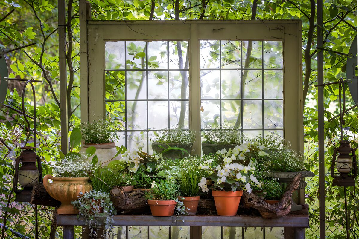 Oud venster met bloeiende potplanten