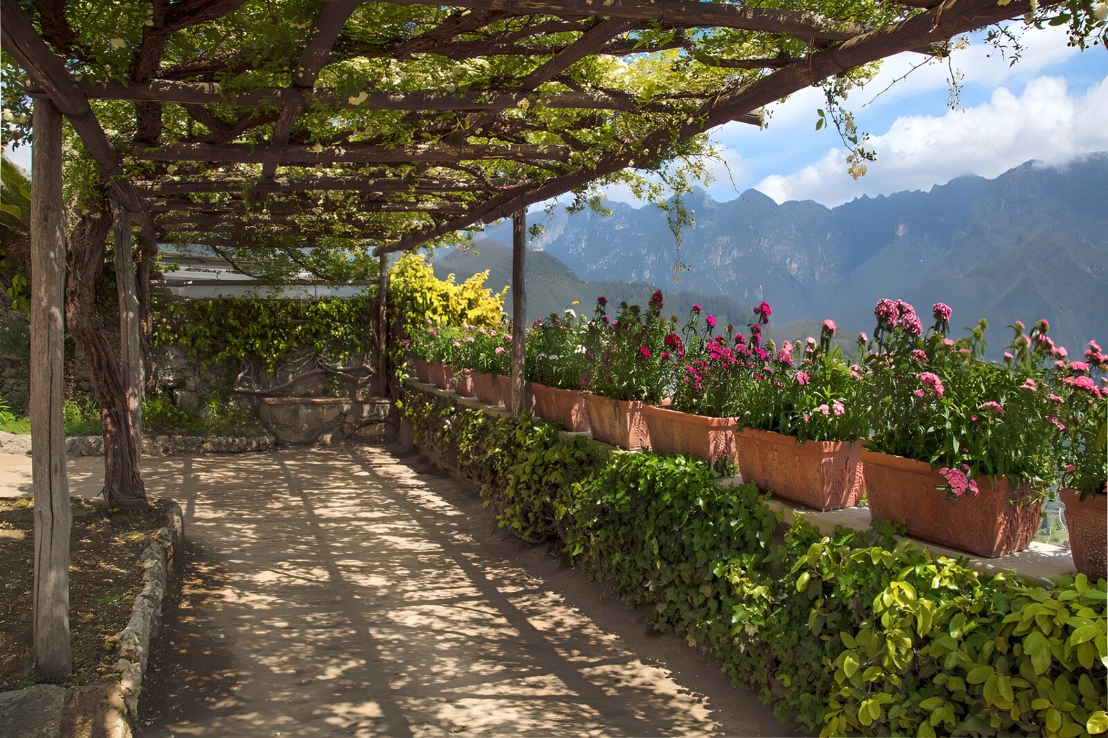 CW4539949: Bloemrijke pergola met bergen op de achtergrond